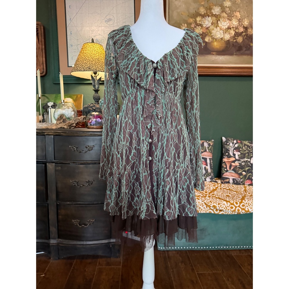 A'Reve Brown Sage Green Lace Mini Dress Long Sleeve Ruffle Tulle Hem Small